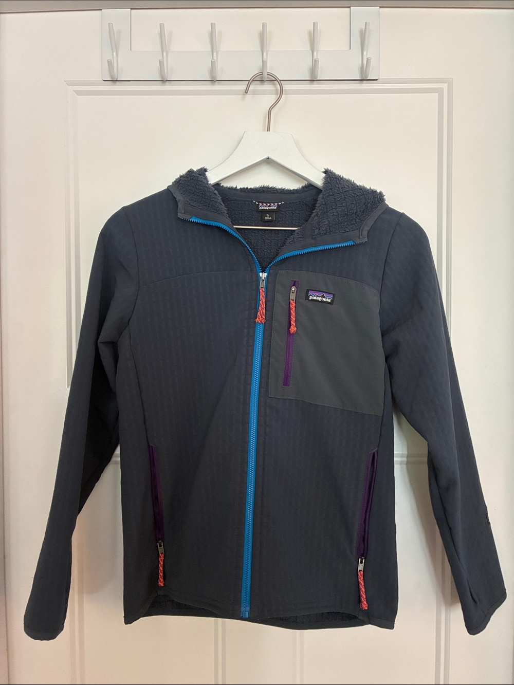 Patagonia Kids Dark Gray Hooded Jacket with Blue Zipper